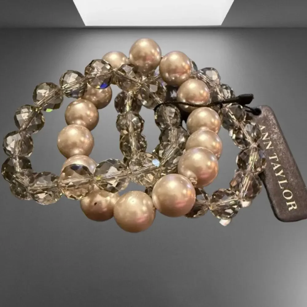 Ann Taylor Trio Faceted Crystal Faux Pearl Stretch Bracelets